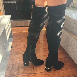 Ivanka Trump Black Over-the-Knee Boots with Gold Accents
